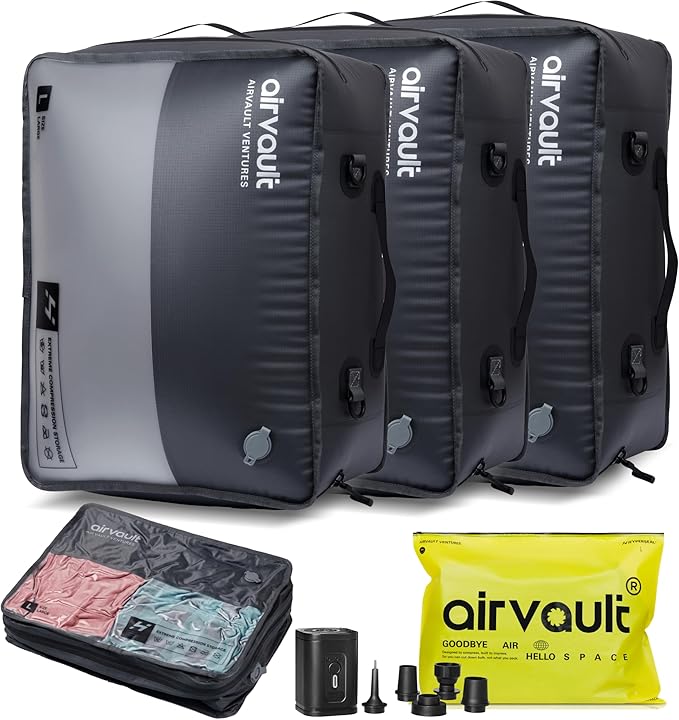 AirVault Reusable Vacuum Compression Travel Bag for Carry-On Suitcase and Backpack, Recycled IP67 Waterproof Space Saver Vacpack (41L Gray (3-Pack) (Air Pump Included)