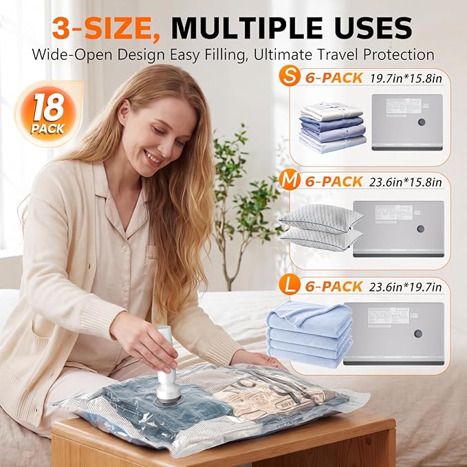 Vacuum Storage Bags, Space Saver Travel Bags with Rechargeable Wireless Pump, Carry-on Size Reusable Tear-Proof Compression Packing Cubes for Heavy Clothes/Bedding/Luggage/Moving 18 Combo Size