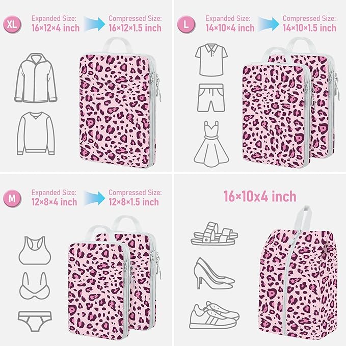6 Set Compression Packing Cubes, Suitcase Organizer, Lightweight Travel Essentials, Compression Bags For Travel Accessories Luggage Storage Set (6Pcs, Purple Leopard)