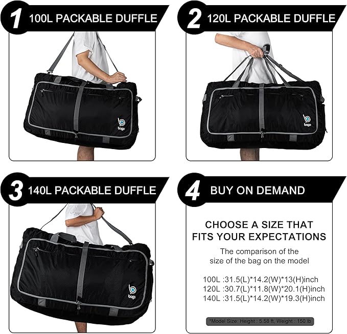 Bago Extra Large Duffle Bag for Travel Women & Men. Durable, Lightweight, Foldable Travel Duffel Bags For Traveling Women. 120L Duffle Bags Use As a Weekender Bag with Shoe Compartment, Checked Duffel