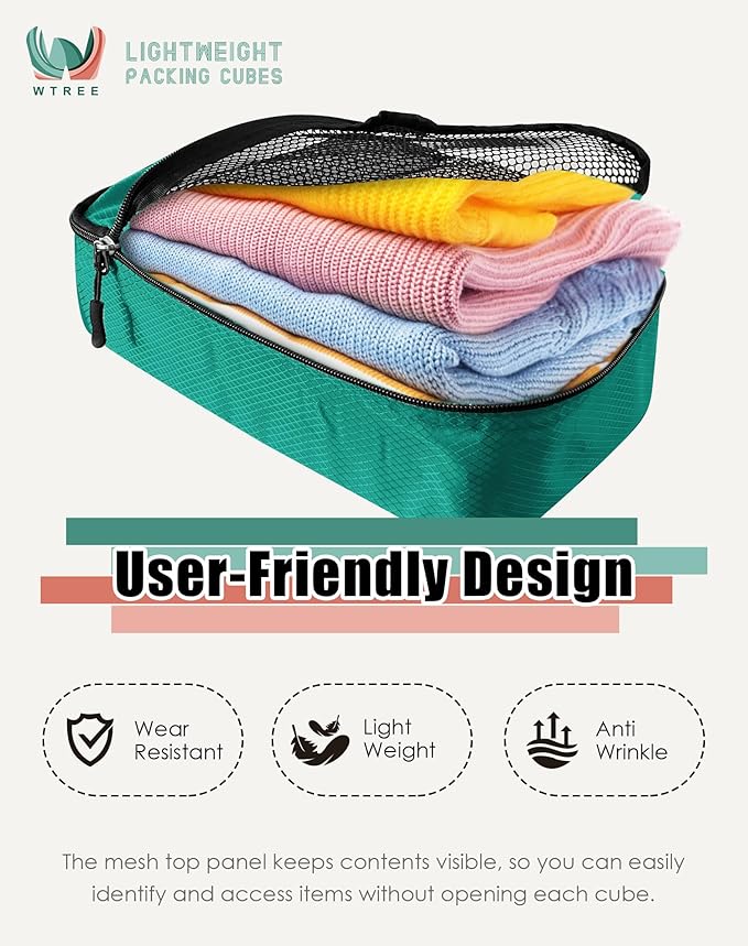 WTREE 4-Piece Packing Cubes Travel Accessories Set for Suitcases - Luggage Organizer Bags with Double Zipper - Mesh Top - Small/Medium/Large/Slim - Green