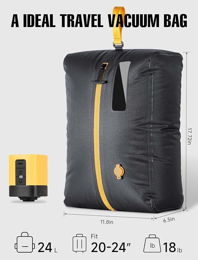 Vacuum Bags for Travel w/Rechargeable Pump, 24L Reusable Vacuum Compression Bag Packing Cubes for Carry-On Suitcase & Backpack, IP67 Waterproof Space Saver Vacpack Storage Kit (2 Pack+Pump)