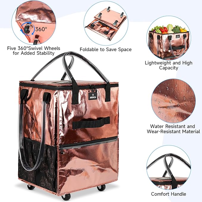 Reusable Grocery Bag On Wheels, Foldable Shopping Trolley with Enhanced Stability Wheels, Water Resistant, 6 Pockets & 3-Way Carry for Outdoor, Camping, Small, Rose Gold