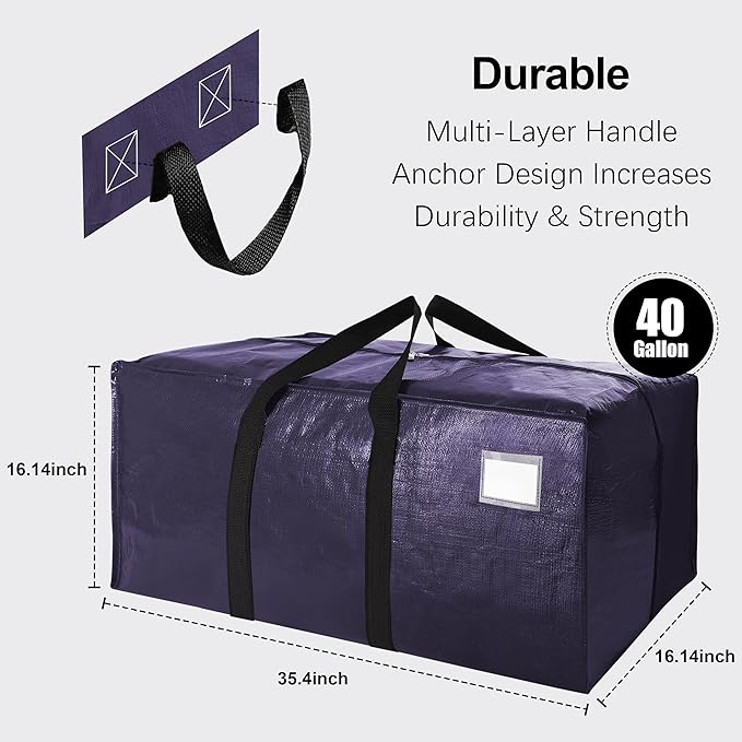 6 Pack Heavy Duty Extra Large Moving Bags W/Backpack Straps - Strong Handles & Zippers, Storage Totes For Space Saving, Fold Flat, Alternative to Box and Bin (40 gal, Blue)