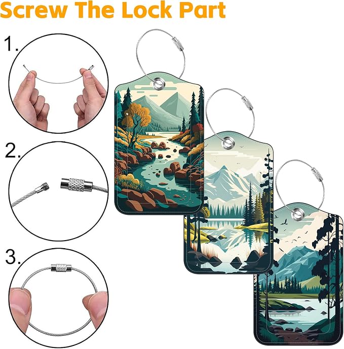 3 Pack Luggage Tag for Suitcase Mountain Lake Scenery Leather Travel Cruise Luggage Tag with Stainless Steel Loop Name ID Label Privacy Cover for Adults Teens Travel Bag Labels Set - Image 4