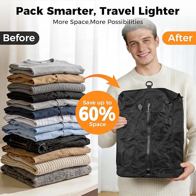 Travel Vacuum Seal Bags with Wireless Rechargeable Pump, 25L Durable Reusable Compression Packing Bags for Carry-On Suitcase & Backpack, IP67 Waterproof Space Saver Kit (2 Pack)