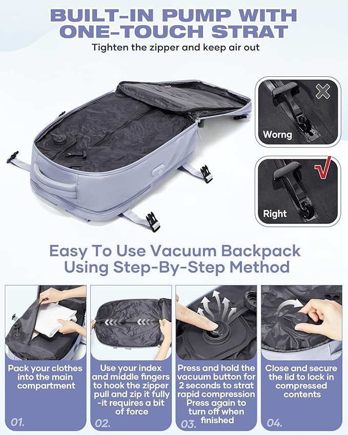 Vacuum Seal Travel Backpack Built-in Pump,Air Compression System Vacuum Vacpack Backpack Travel Bag for Women Men Carry On Suitcase Luggage Laptop Airlines Approved Daypack Space Saver Bags Purple