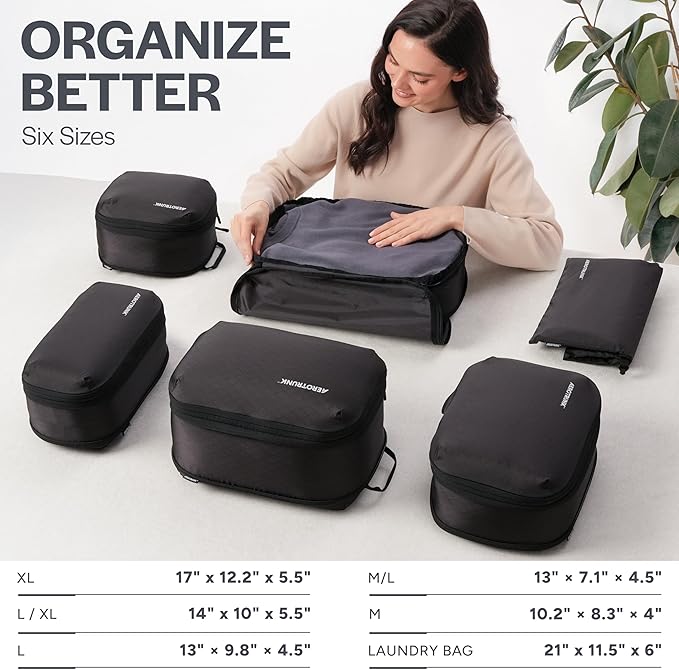 Aerotrunk Ultralight Compression Packing Cubes - Lightweight Travel Organizers for Suitcases and Luggage (6-Pack, Black)