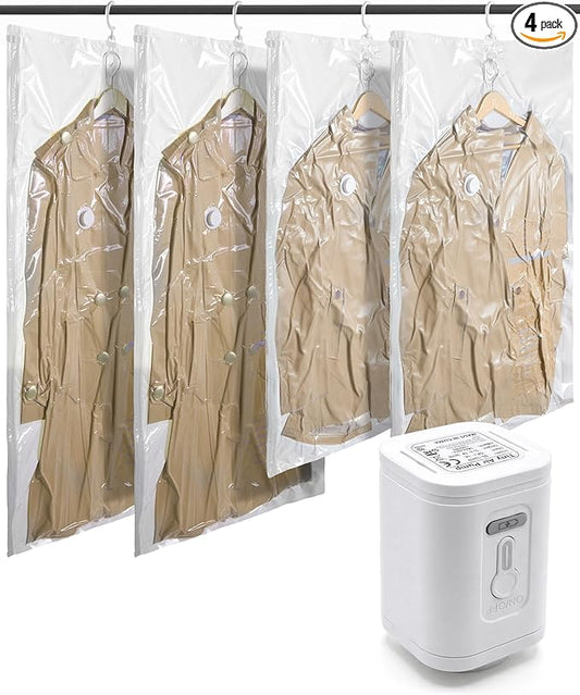 BAGSMART 4 Pack Hanging Vacuum Storage Bags for Clothes, Space Saver Bags for Closet Organization, Air-tight Vacuum Sealer Bags for Heavy Coats, Suits, Dresses, Jackets, Hand Pump Included
