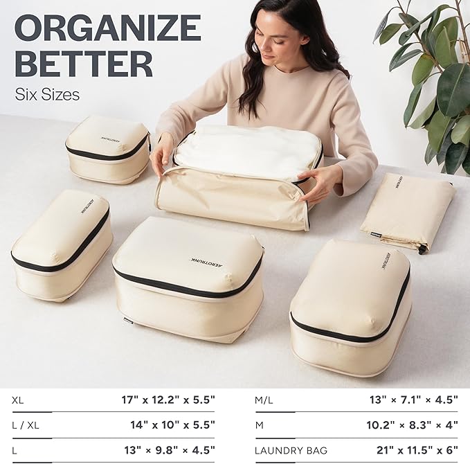 Aerotrunk Ultralight Compression Packing Cubes - Lightweight Travel Organizers for Suitcases and Luggage (6-Pack, Beige)