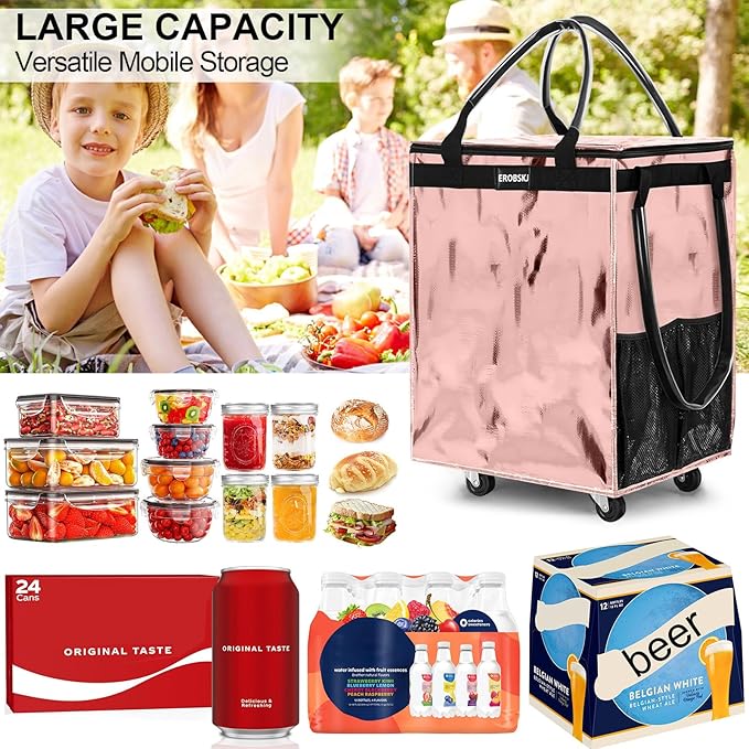 (Medium,Rose Gold) Reusable Grocery Bag on Wheels, 70L Foldable Rolling Tote, Carries Up to 66 lbs Shopping Trolley, Zipper Clouser Shopping Carts for Trips, Laundry, 4 Heavy Duty Wheels and 3 Handles