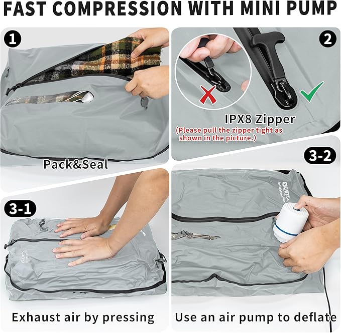 Reusable Vacuum Bags for Travel,Professional Waterproof IPX8 Vacuum Compression Bag for Suitcases Backpack,Space Saver Bags Packing Organizers for Clothing Packing(2 Pack,Dark Grey)