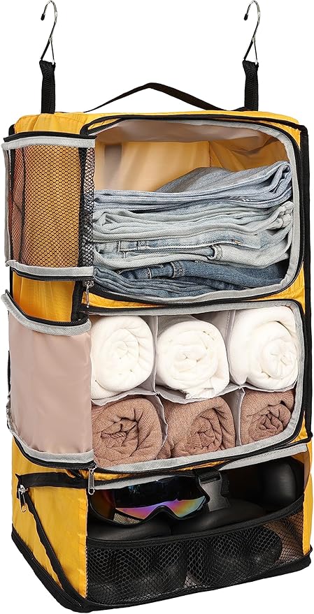 ELEZAY Hanging Packing Cubes Portable Closet 3-Shelf Travel Collapsible Compression Garment Organizer for Carry-on Luggage Suitcase Space Saver Bag X-Large_No Side Pockets, Yellow