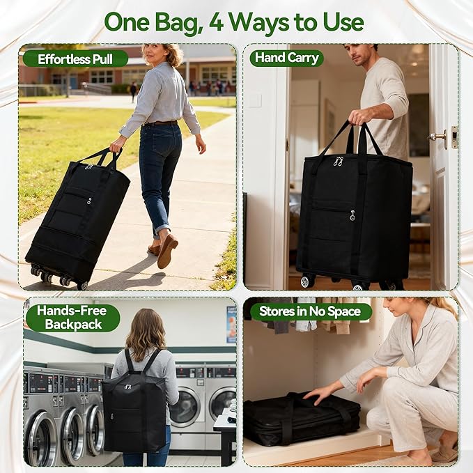 Coomee Laundry Bag Backpack with Wheels, 900D Oxford Fabric Foldable Rolling Travel Laundry Bags with Detachable Wheels & Straps, Waterproof for Laundromat, College Dorm, Apartment, Travel, Camping