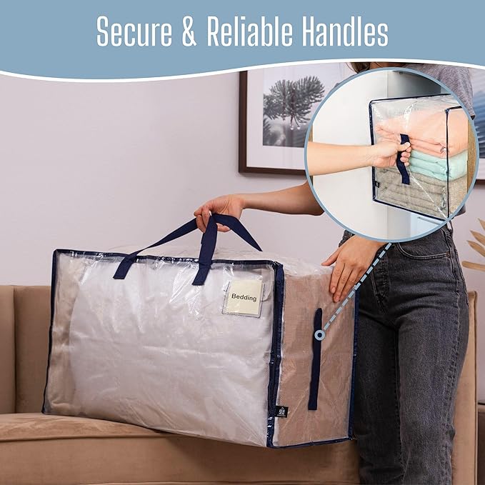 VENO 4 Pack Clear Extra Large Moving Bags & Storage Totes, Heavy Duty Organizer with Reinforced Handles & Strong Zippers for Clothes, College Dorm Essentials, Moving Supplies