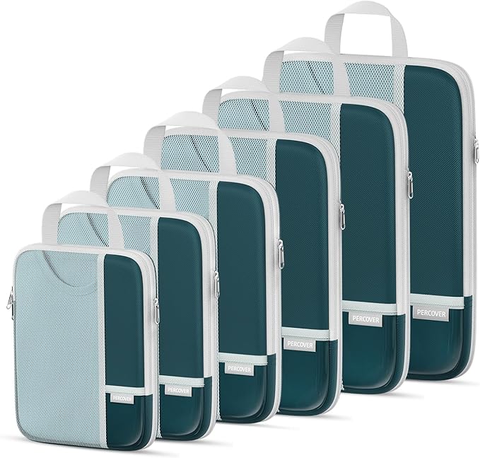 Percover Compression Packing Cubes for Travel, 6-Piece Structured Compression Organizer Set for Organized Packing & Carry-On Luggage, Peacock Green