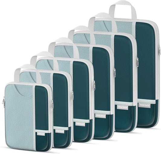 Percover Compression Packing Cubes for Travel, 6-Piece Structured Compression Organizer Set for Organized Packing & Carry-On Luggage, Peacock Green