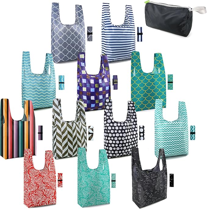 BeeGreen Geometry Reusable Grocery Bags Bulk Gifts 12-Pack - Large Tote with Zipper Pouch | Foldable & Washable Polyester Shopping Bags Heavy Duty Animal Lover Gifts Reusable Bag With Handles