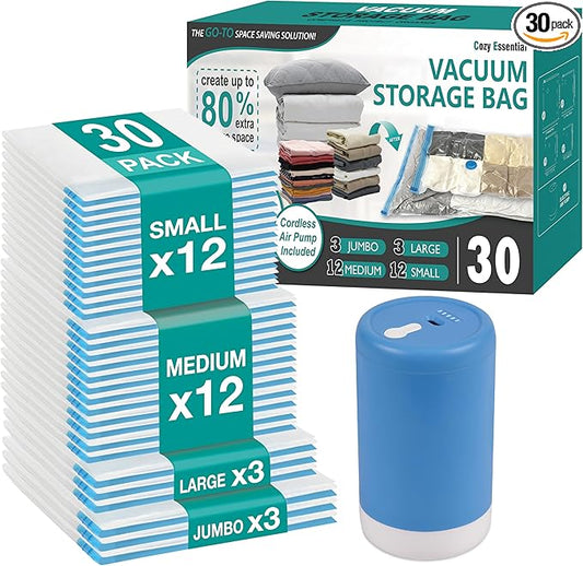 Cozy Essential Travel Vacuum Storage Bags with Rechargeable Cordless USB Pump, Space Saver Bags for Luggage, Suitcase, Carry-On, for Clothes, Blankets, Bedding & Seasonal Storage,30 Combo