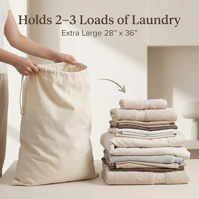 Urban Villa Laundry Bags 4-Pack 28”x36" Extra-Large Cotton Canvas Heavy Duty Washable Durable Travel Laundry Sacks with Drawstring Closure Reusable Hamper Liners for Dirty Clothes Delicates & Lingerie