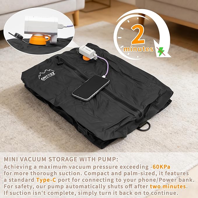 ONTYZZ Vacuum Bags for Travel, IPX8 Waterproof Space Saver Vacpack, GRS Certified Recycled Compression Bag with Pump (3PC Black)