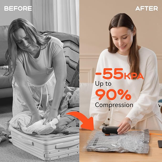 Vacuum Bags for Clothing with 55kPa Air Pump, 20 Pack Vacuum Seal Bags for Travel, Space Saver Bags for Luggage and Suitcases, Carry-on Size Compression Packing Bags