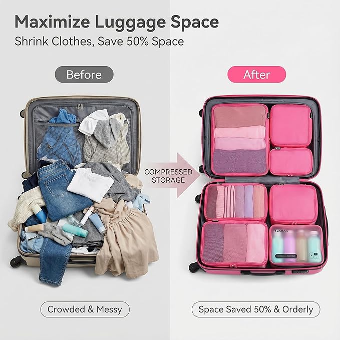 6 Set Compression Packing Cubes for 7–14 Day Travel, Durable Nylon Oxford Luggage Organizers with IP6X Waterproof Toiletry Bag, Expandable Suitcase Packing System (Rose Red)