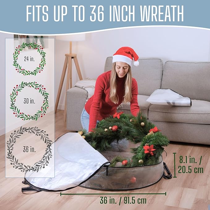 VENO 36 Inch Wreath Storage Container, 4 Pack Clear Round Christmas Wreath Storage Bag, Heavy Duty Clear Holder with Wall Hanging Handles