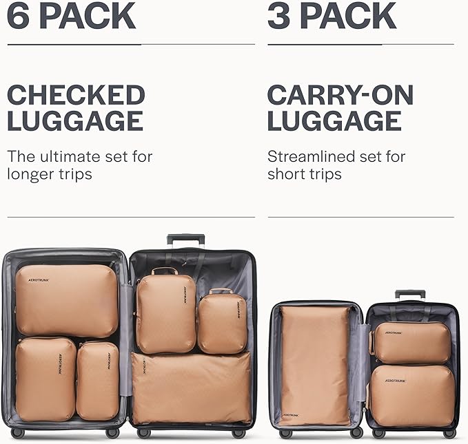 Aerotrunk Ultralight Compression Packing Cubes - Lightweight Travel Organizers for Suitcases and Luggage (6-Pack, Mocha)