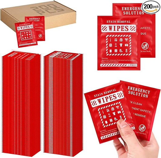 Timgle 200 Pcs Instant Stain Remover Wipes Individual Wrapped Stain Remover Wipes Bulk Portable No-rinse Cleaner for Clothes Fabric Coffee Grease Travel Purse Diaper Bag Car Laundry (Red)