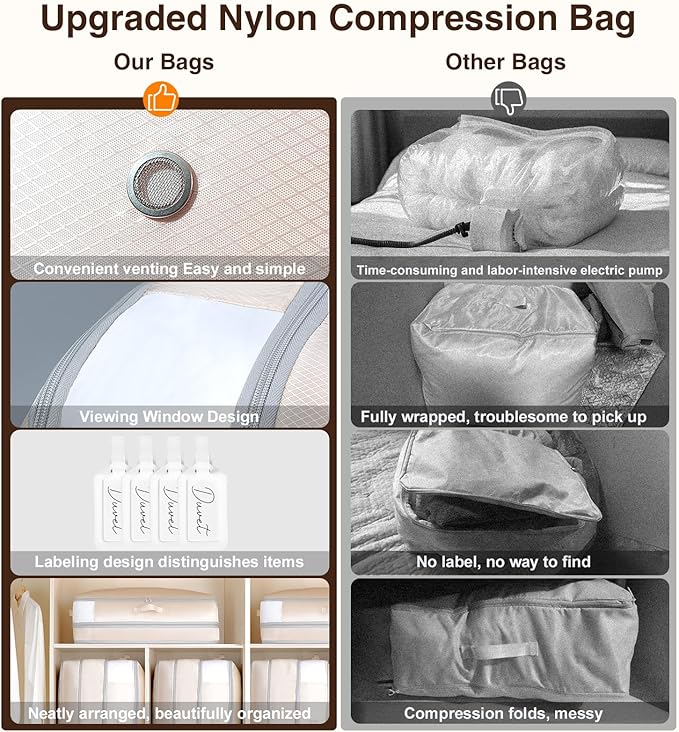 Homsorout 4 Pack Compression Storage Bags - 110L Large Capacity Comforter Storage Bag, 3-Layer Washable Ultra Space Saving Self Compression Organizer Space Bags for Blankets, Sweaters, Sheets, Beige