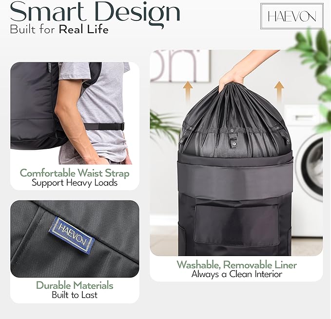 Haevon Laundry Backpack - 131L Heavy Duty Laundry Bag with Padded Shoulder & Waist Straps, Removable Liner - College, Dorm, Apartment, Travel, Outdoor - Big Laundry Bag for Easy Carrying (Black)