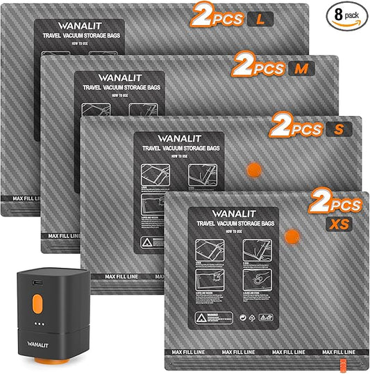 Travel Vacuum Storage Bags with Wireless Rechargeable Electric Pump, 8 Pack Travel Essentials Vacuum Seal Bags for Clothing, Space Saver Compression Packing Bags for Luggage, Suitcase, Backpack, Home