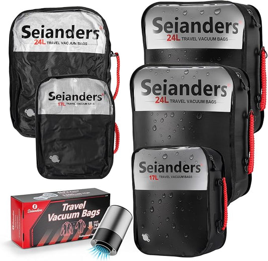 Vacuum Travel Bags with Pump for Car Camping & Backpacking - 6.0kPa Wireless Pump, Odor/Waterproof Anti-Rip Nylon Organizer & Space Saver (24L*2, 17L*1, 3-Pack)