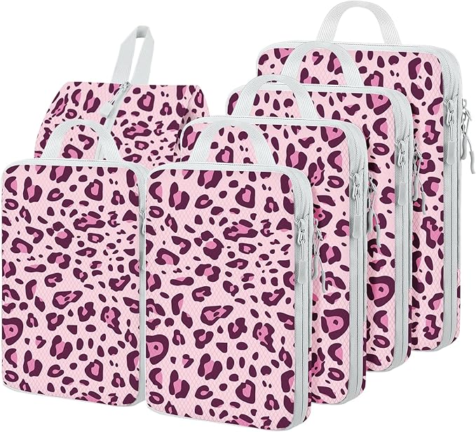 6 Set Compression Packing Cubes, Suitcase Organizer, Lightweight Travel Essentials, Compression Bags For Travel Accessories Luggage Storage Set (6Pcs, Purple Leopard)