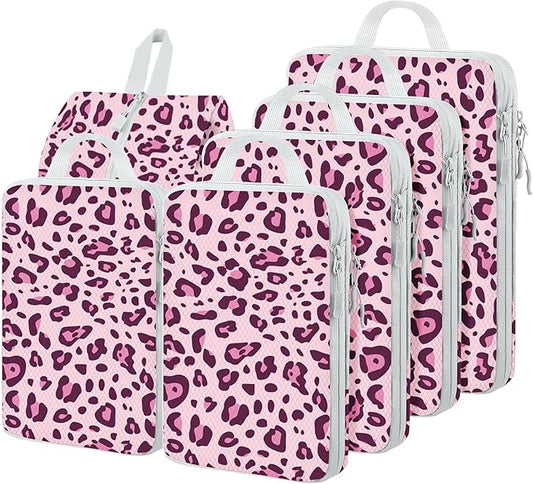 6 Set Compression Packing Cubes, Suitcase Organizer, Lightweight Travel Essentials, Compression Bags For Travel Accessories Luggage Storage Set (6Pcs, Purple Leopard)