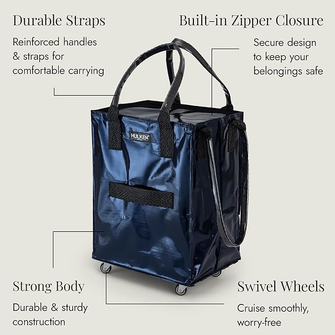 HULKEN - (Medium, Midnight Blue) Reusable Grocery Bag On Wheels, Shopping Trolley, Rolling Tote, Zipper Closure, Lightweight, Carries Up to 66 lb, Folds Flat, Unbreakable Handles