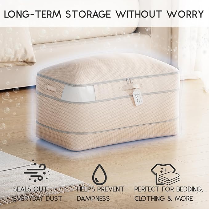 Homsorout Compression Storage Bags for Comforters - 4 Pack Long Large 100L Compression Bags, 3-Layer Washable Ultra Space Saving Self Comforter Storage Bag for Blankets, Sheets, Clothes, Beige