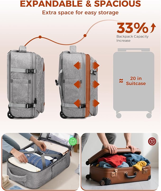 Vancropak Expandable Travel Rolling Backpack with Wheels, Airline Approved Wheeled Backpack with 3 Packing Cubes, 17 Inch Roller Carry on Luggage Suitcase Laptop Bag for Men Women, Grey