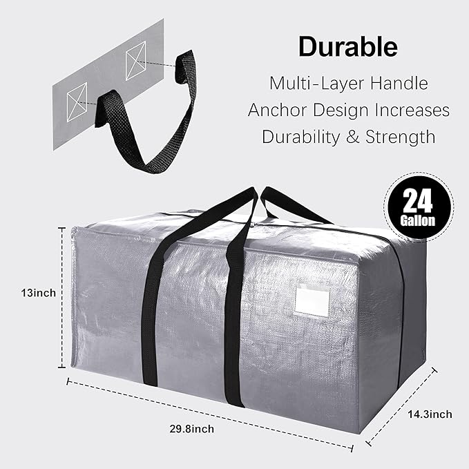 VELVETSURE Heavy Duty Extra Large Moving Bags W/Backpack Straps - Strong Handles & Zippers, Storage Totes For Space Saving, Fold Flat, Alternative to Moving Box and Storage Bin (Set of 6, Silver)