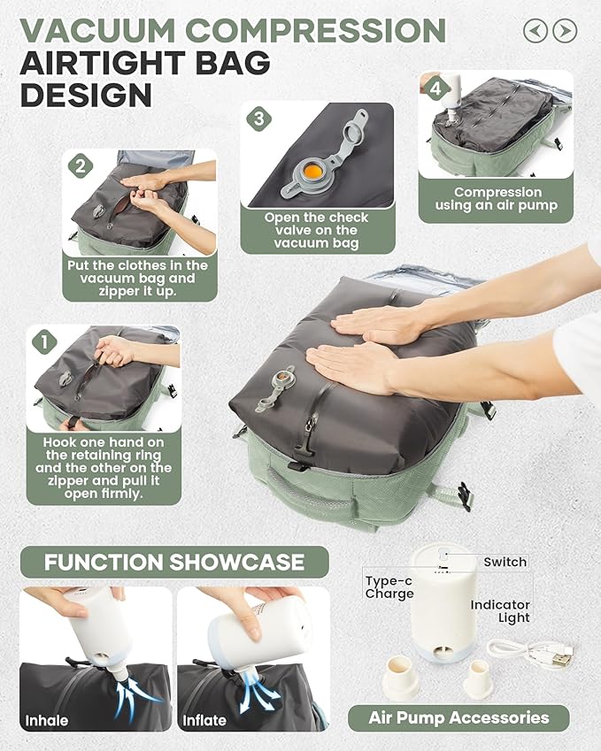 Travel Vacuum Storage Backpack with Air Pump Vacuum Seal Compression Space Saver Bags Clothing Vacpack 18x14x8 inches Travel Bag Carry on Personal item Laptop Work Backpacks Women LightGreen