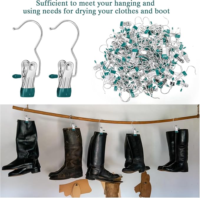 Yinder Boot Hangers Clips Laundry Hooks Hanging Stainless Steel Clothes Pins Portable Hangers for Closet Travel Socks Pants Handbags Hats Towels(Green,75 Pcs)