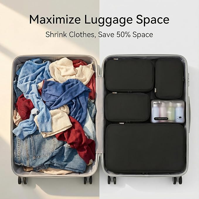 6 Set Compression Packing Cubes for 7–14 Day Travel, Durable Nylon Oxford Luggage Organizers with IP6X Waterproof Toiletry Bag, Expandable Suitcase Packing System (Jet Black)