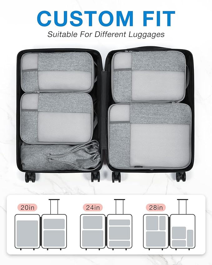 BAGSMART Compression Packing Cubes for Travel, Durable Travel Cubes for Carry-On Suitcase, 6 Set Cuise Ship Travel Essentials (1L+3M+1S+Shoe Bag), Grey