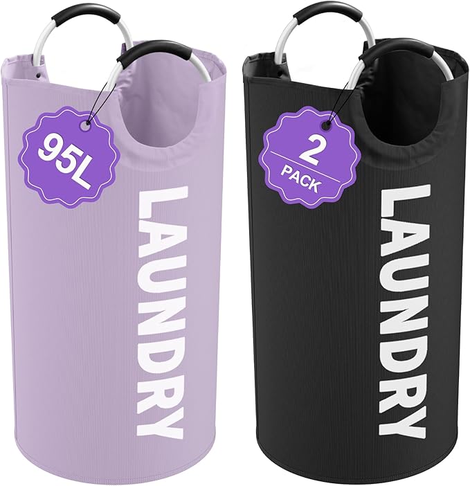 Set of 2 Collapsible Laundry Baskets with Aluminum Handles, 95L Large Laundry Baskets in 600D Oxford Fabric, Portable Dirty Clothes Hampers for Bedroom, Travel, Black + Purple