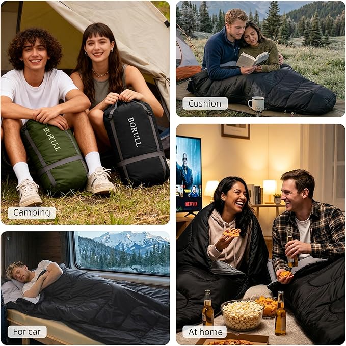 Double Sleeping Bags for Adults with Pillows Queen Size XL Camping Waterproof Sleeping Bag with Compression Sack for Kids for Hiking Backpacking 2 Person Cold Warm Weather Outdoor Indoor