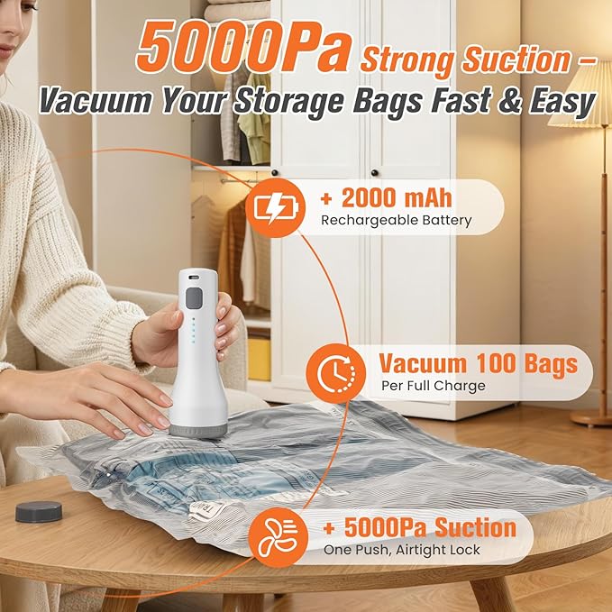 9 Pack Vacuum Storage Bags for Travel with Rechargeable Cordless Pump, Space Saver Bags for Clothes, Compression Packing Bags for Luggage and Suitcase, 9 Combo Size
