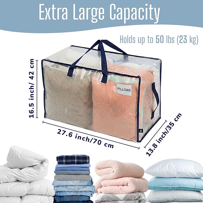 VENO 10 Pack Clear Extra Large Moving Bags & Storage Totes, Heavy Duty Organizer with Reinforced Handles & Strong Zippers for Clothes, College Dorm Essentials, Moving Supplies