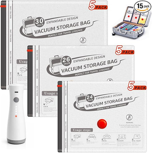 Vacuum Bags for Travel with Wireless Rechargeable Pump, Compression Space Saver Bags for Clothing, Luggage & Suitcase, 15 Combo Travel Size