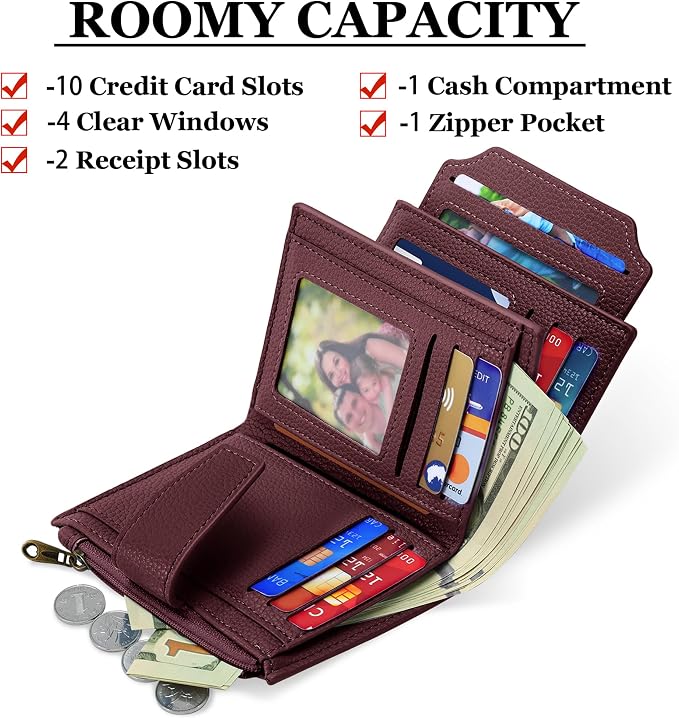 Airkit Small Wallet Women RFID Blocking Soft Leather Bifold Compact Card Holder Wallet for Women with Zipper Coin Pocket 4 ID Window - Image 2